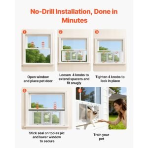 cat door for window, adjustable to fit window width 31" 36", 4 secure lock modes, aluminum frame and high transparency glass, magnetic closure, weatherproof quick fit pet door for cats, white