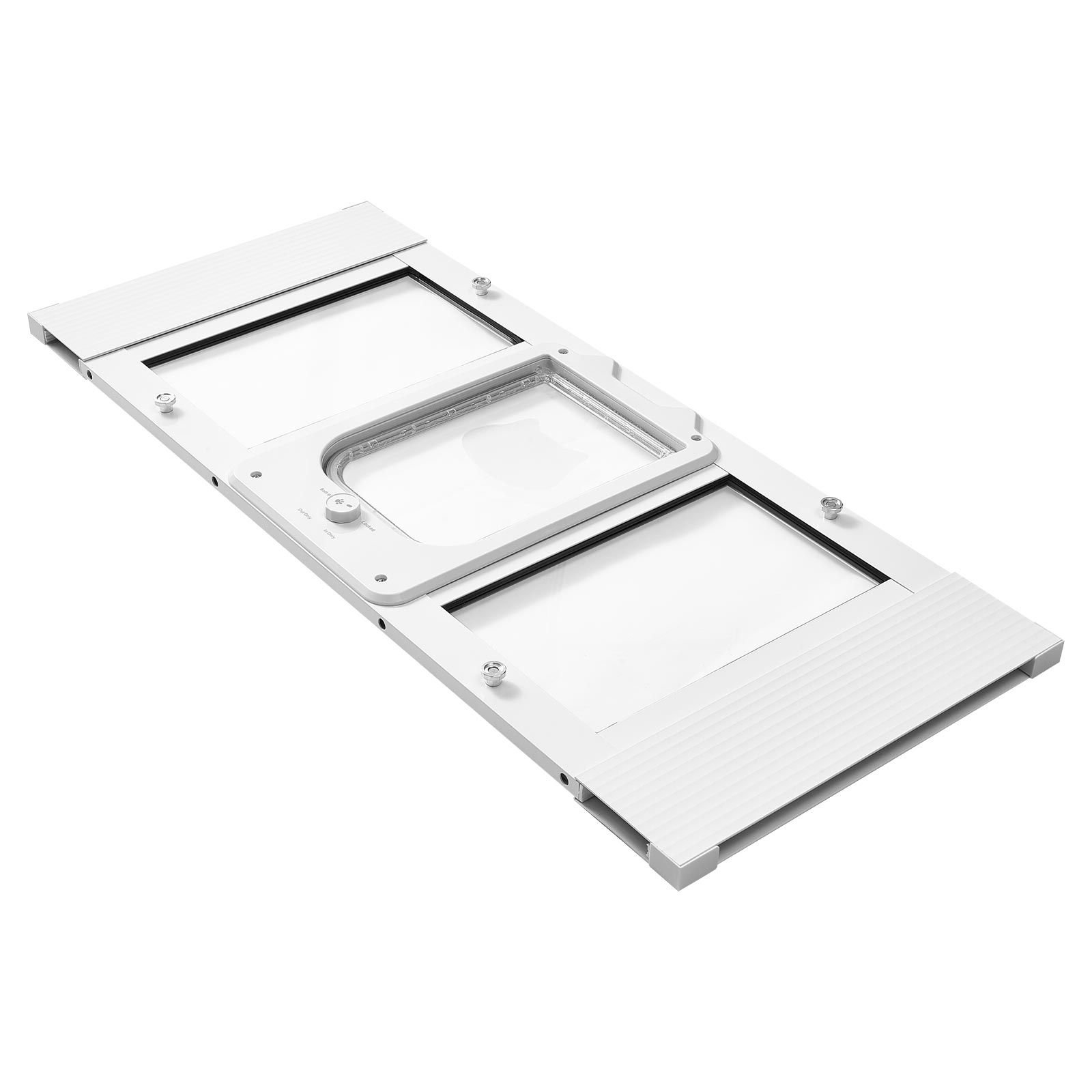 cat door for window, adjustable to fit window width 31" 36", 4 secure lock modes, aluminum frame and high transparency glass, magnetic closure, weatherproof quick fit pet door for cats, white