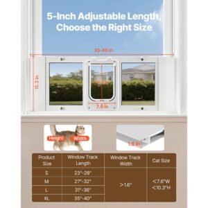cat door for window, adjustable to fit window width 35" 40", 4 secure lock modes, aluminum frame and high transparency glass, magnetic closure, weatherproof quick fit pet door for cats, white