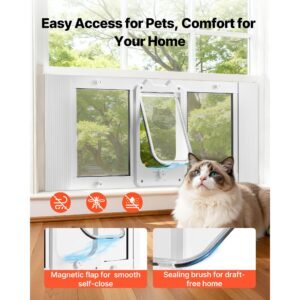 cat door for window, adjustable to fit window width 35" 40", 4 secure lock modes, aluminum frame and high transparency glass, magnetic closure, weatherproof quick fit pet door for cats, white