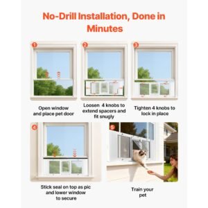 cat door for window, adjustable to fit window width 35" 40", 4 secure lock modes, aluminum frame and high transparency glass, magnetic closure, weatherproof quick fit pet door for cats, white