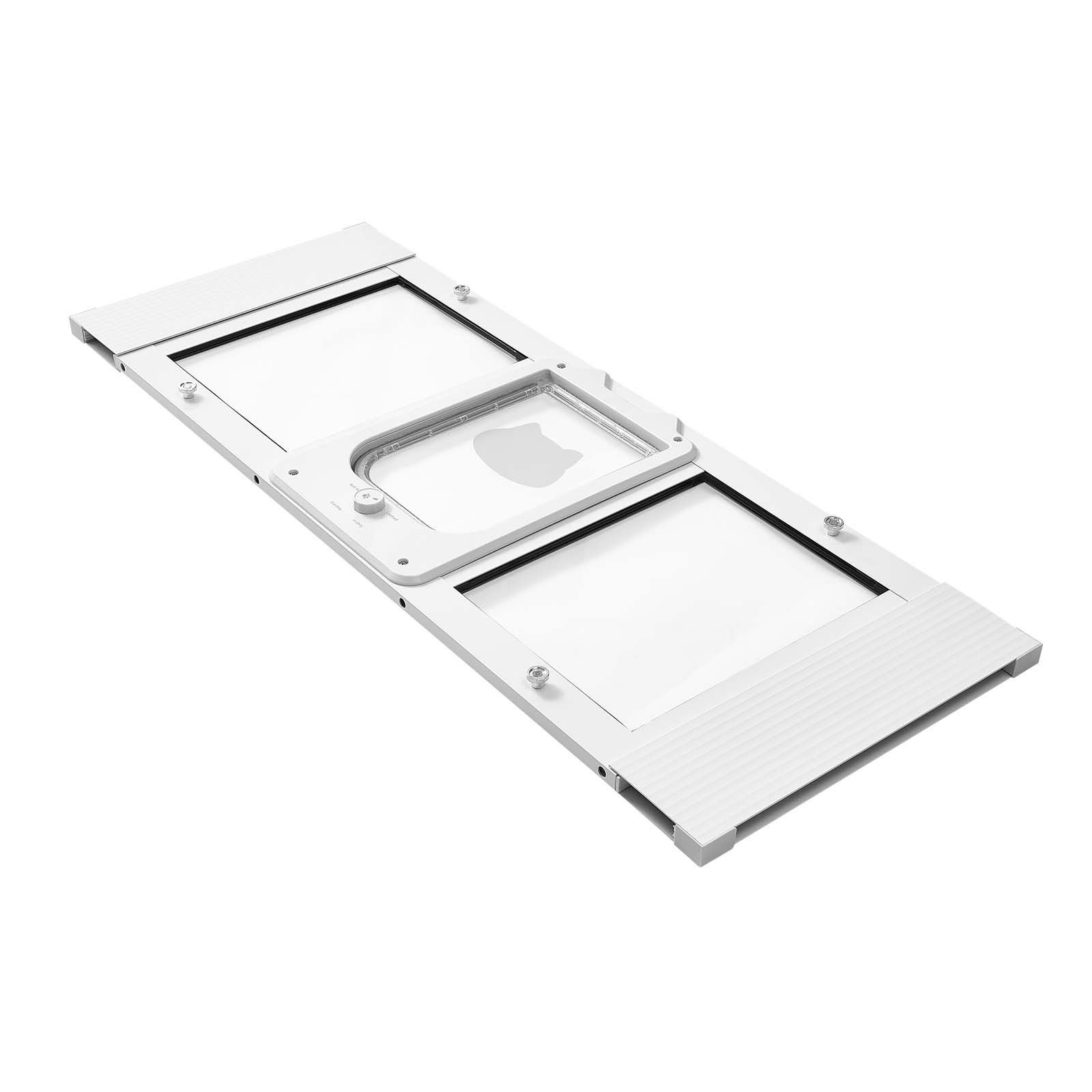 cat door for window, adjustable to fit window width 35" 40", 4 secure lock modes, aluminum frame and high transparency glass, magnetic closure, weatherproof quick fit pet door for cats, white