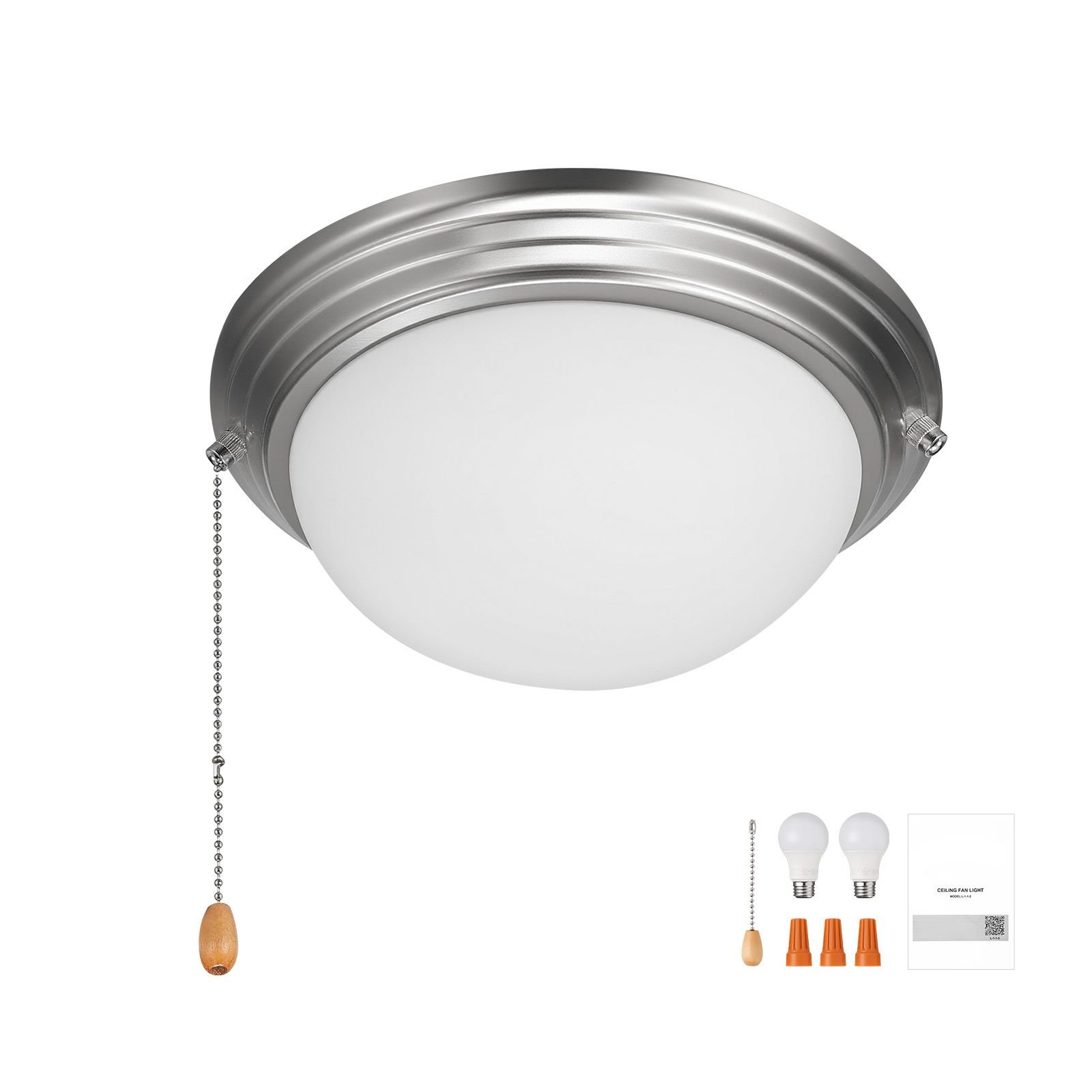 ceiling fan light kit, 750lm 3000k fan light kit with pull chain, 2 led bulbs, modern replacement fixture for living room, dining room, bedroom, frosted milk glass shade brushed nickel finish