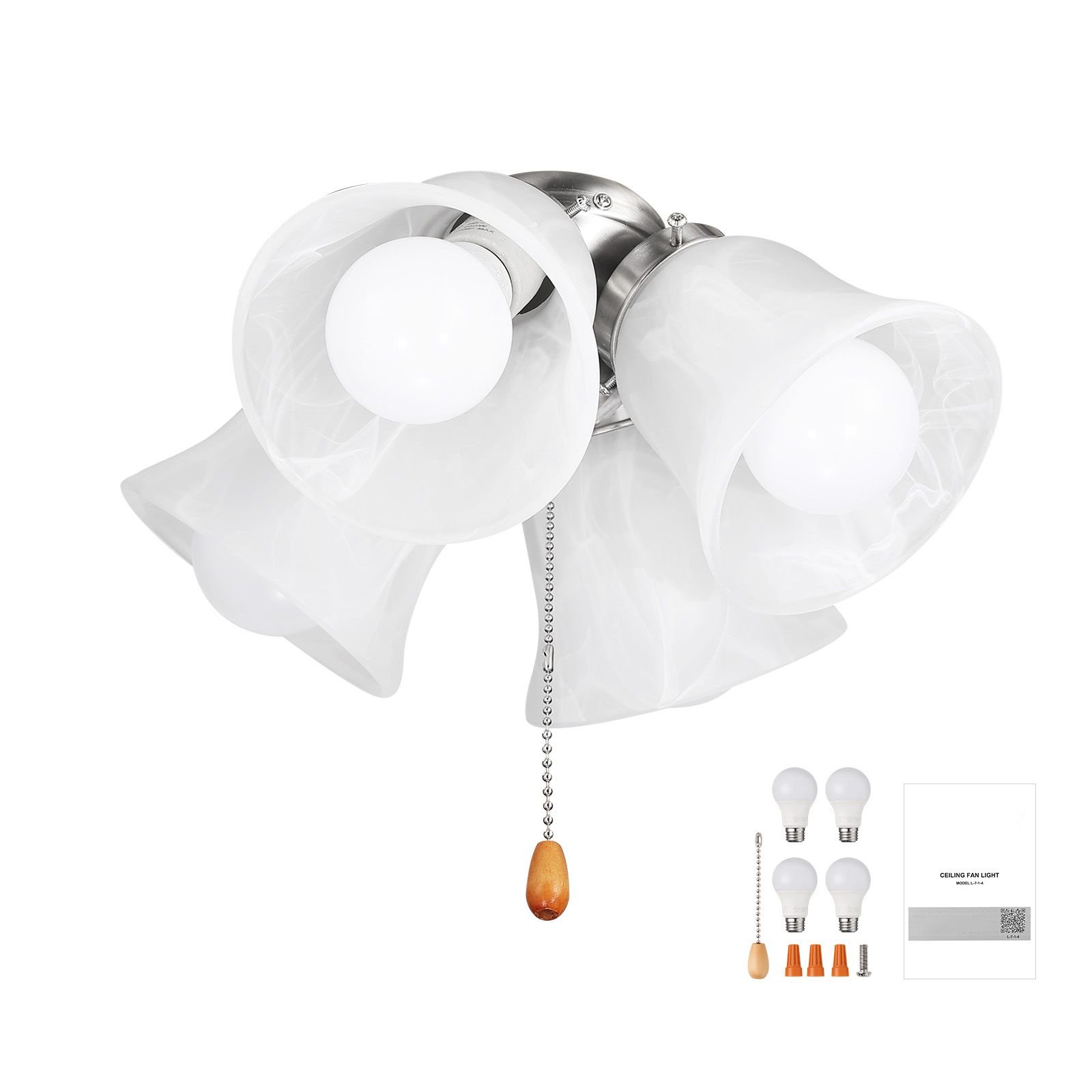 ceiling fan light kit, four light 3000k 750lm fan light kit with pull chain, replacement light fixture for living room, bedroom, home decor, cloud white glass shade brushed nickel, floral shape