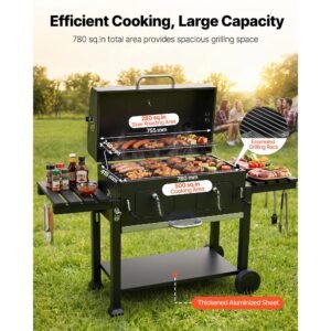 charcoal grill, 780 sq.in. extra large charcoal barbecue grill with 2 liftable charcoal trays & folding side tables, high temp powder coated steel bbq cooking grills for patio backyard parties