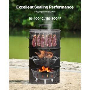 charcoal smoker grill, 18.5" barrel charcoal bbq smoker, coated steel outdoor barbecue grill with 2 grilling grates, 1 hanging rod, 6 hooks & thermometer, ideal for party backyard patio cooking