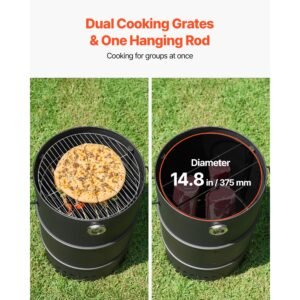 charcoal smoker grill, 18.5" barrel charcoal bbq smoker, coated steel outdoor barbecue grill with 2 grilling grates, 1 hanging rod, 6 hooks & thermometer, ideal for party backyard patio cooking