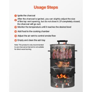 charcoal smoker grill, 18.5" barrel charcoal bbq smoker, coated steel outdoor barbecue grill with 2 grilling grates, 1 hanging rod, 6 hooks & thermometer, ideal for party backyard patio cooking