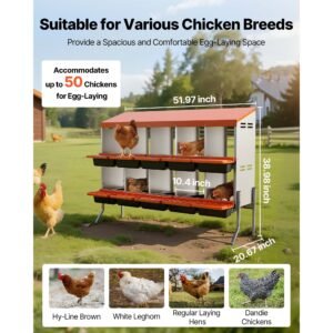 chicken nesting boxes, 10 compartments, with support legs, easy egg collection, galvanized steel and high strength plastic, roll away nesting boxes for chickens and hens laying eggs, orange