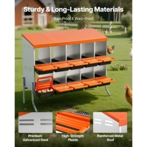 chicken nesting boxes, 10 compartments, with support legs, easy egg collection, galvanized steel and high strength plastic, roll away nesting boxes for chickens and hens laying eggs, orange