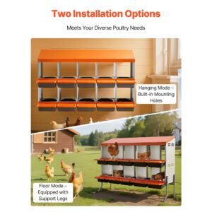 chicken nesting boxes, 10 compartments, with support legs, easy egg collection, galvanized steel and high strength plastic, roll away nesting boxes for chickens and hens laying eggs, orange