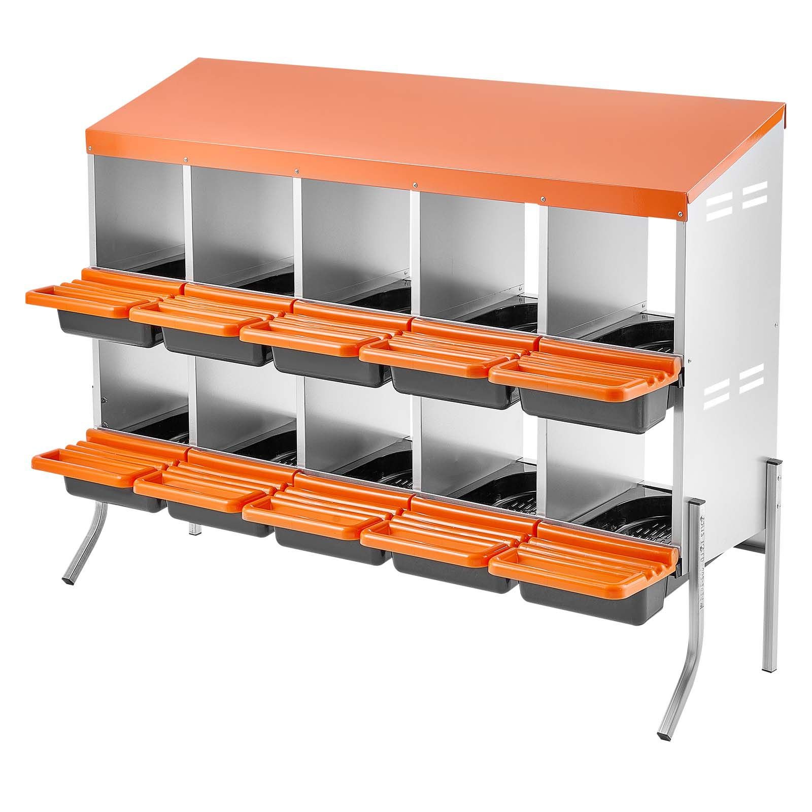 chicken nesting boxes, 10 compartments, with support legs, easy egg collection, galvanized steel and high strength plastic, roll away nesting boxes for chickens and hens laying eggs, orange