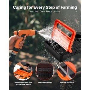 chicken nesting boxes, 2 compartments, easy egg collection, wall mount, easy to assemble, galvanized steel and high strength plastic, roll away nesting boxes for chickens laying eggs, orange