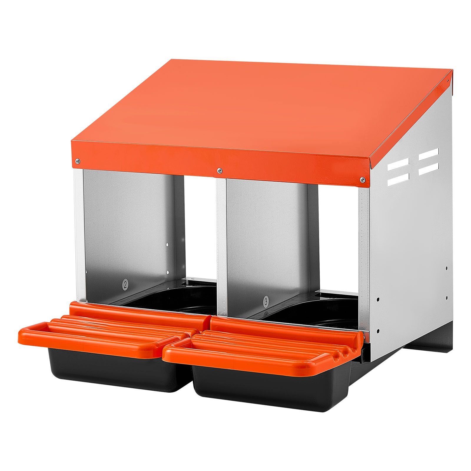 chicken nesting boxes, 2 compartments, easy egg collection, wall mount, easy to assemble, galvanized steel and high strength plastic, roll away nesting boxes for chickens laying eggs, orange
