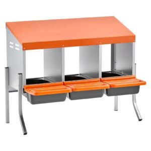 chicken nesting boxes, 3 compartments, with support legs, easy egg collection, galvanized steel and high strength plastic, roll away nesting boxes for chickens and hens laying eggs, orange