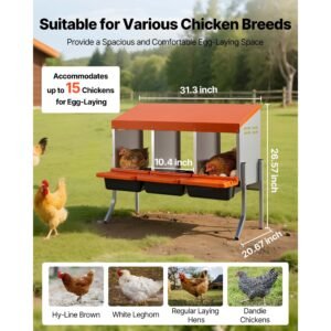 chicken nesting boxes, 3 compartments, with support legs, easy egg collection, galvanized steel and high strength plastic, roll away nesting boxes for chickens and hens laying eggs, orange