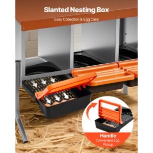 chicken nesting boxes, 3 compartments, with support legs, easy egg collection, galvanized steel and high strength plastic, roll away nesting boxes for chickens and hens laying eggs, orange