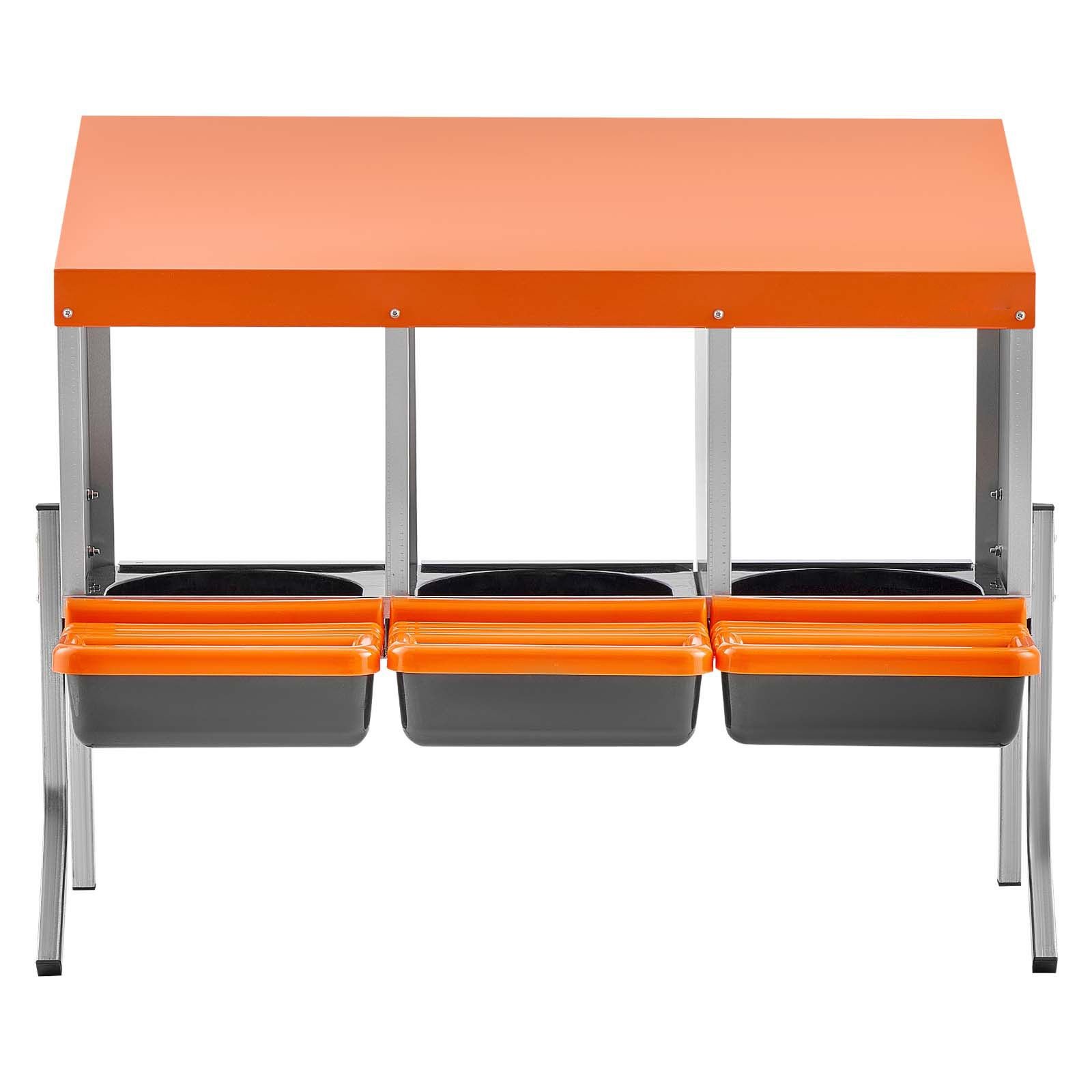 chicken nesting boxes, 3 compartments, with support legs, easy egg collection, galvanized steel and high strength plastic, roll away nesting boxes for chickens and hens laying eggs, orange