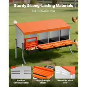 chicken nesting boxes, 4 compartments, with support legs, easy egg collection, galvanized steel and high strength plastic, roll away nesting boxes for chickens and hens laying eggs, orange
