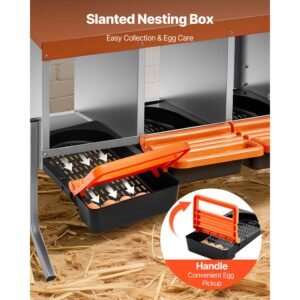 chicken nesting boxes, 4 compartments, with support legs, easy egg collection, galvanized steel and high strength plastic, roll away nesting boxes for chickens and hens laying eggs, orange