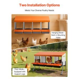 chicken nesting boxes, 4 compartments, with support legs, easy egg collection, galvanized steel and high strength plastic, roll away nesting boxes for chickens and hens laying eggs, orange