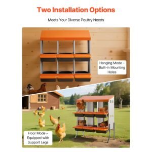 chicken nesting boxes, 6 compartments, with support legs, easy egg collection, galvanized steel and high strength plastic, roll away nesting boxes for chickens and hens laying eggs, orange