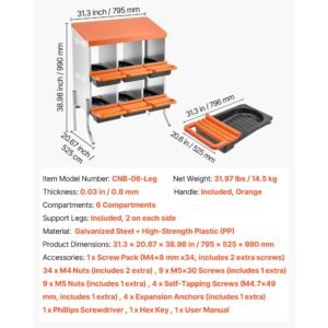 chicken nesting boxes, 6 compartments, with support legs, easy egg collection, galvanized steel and high strength plastic, roll away nesting boxes for chickens and hens laying eggs, orange