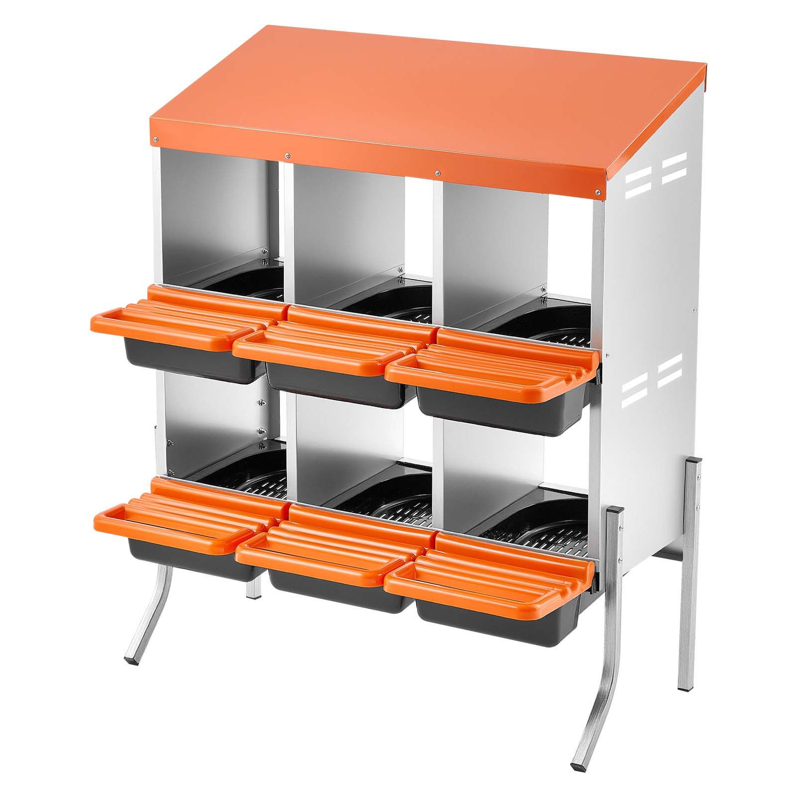 chicken nesting boxes, 6 compartments, with support legs, easy egg collection, galvanized steel and high strength plastic, roll away nesting boxes for chickens and hens laying eggs, orange