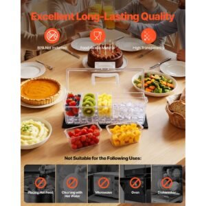 chilled condiment server caddy, 5 compartment ice cooled serving container, plastic fruit garnish tray platter with lid, for taco salad bar accessories, party home restaurant supplies