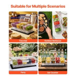 chilled condiment server caddy, 5 compartment ice cooled serving container, plastic fruit garnish tray platter with lid, for taco salad bar accessories, party home restaurant supplies