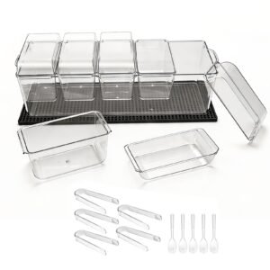 Chilled Condiment Server Caddy, 5 Compartment Ice Cooled Serving Container, Plastic Fruit Garnish Tray Platter with Separate Lid, for Taco Salad Bar Accessories, Party Home Restaurant Supplies