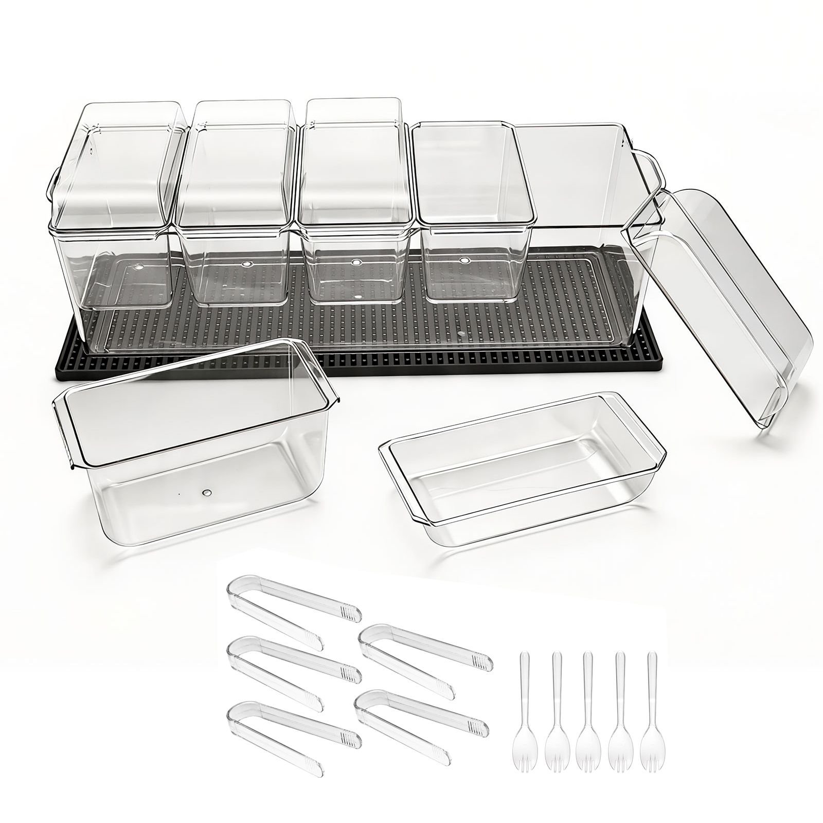 chilled condiment server caddy, 5 compartment ice cooled serving container, plastic fruit garnish tray platter with separate lid, for taco salad bar accessories, party home restaurant supplies