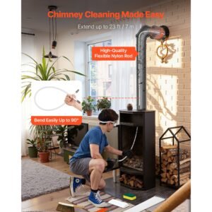 chimney sweep kit, 23 ft maximum extendable length chimney brush, chimneys cleaning kit with bristle replacements & goggles, 90° bendable fireplace cleaning tool, for square, rectangle chimneys