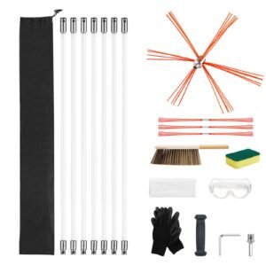 Chimney Sweep Kit, 23 ft Maximum Extendable Length Chimney Brush, Chimneys Cleaning Kit with Bristle Replacements & Goggles, 90° Bendable Fireplace Cleaning Tool, for Square, Rectangle Chimneys