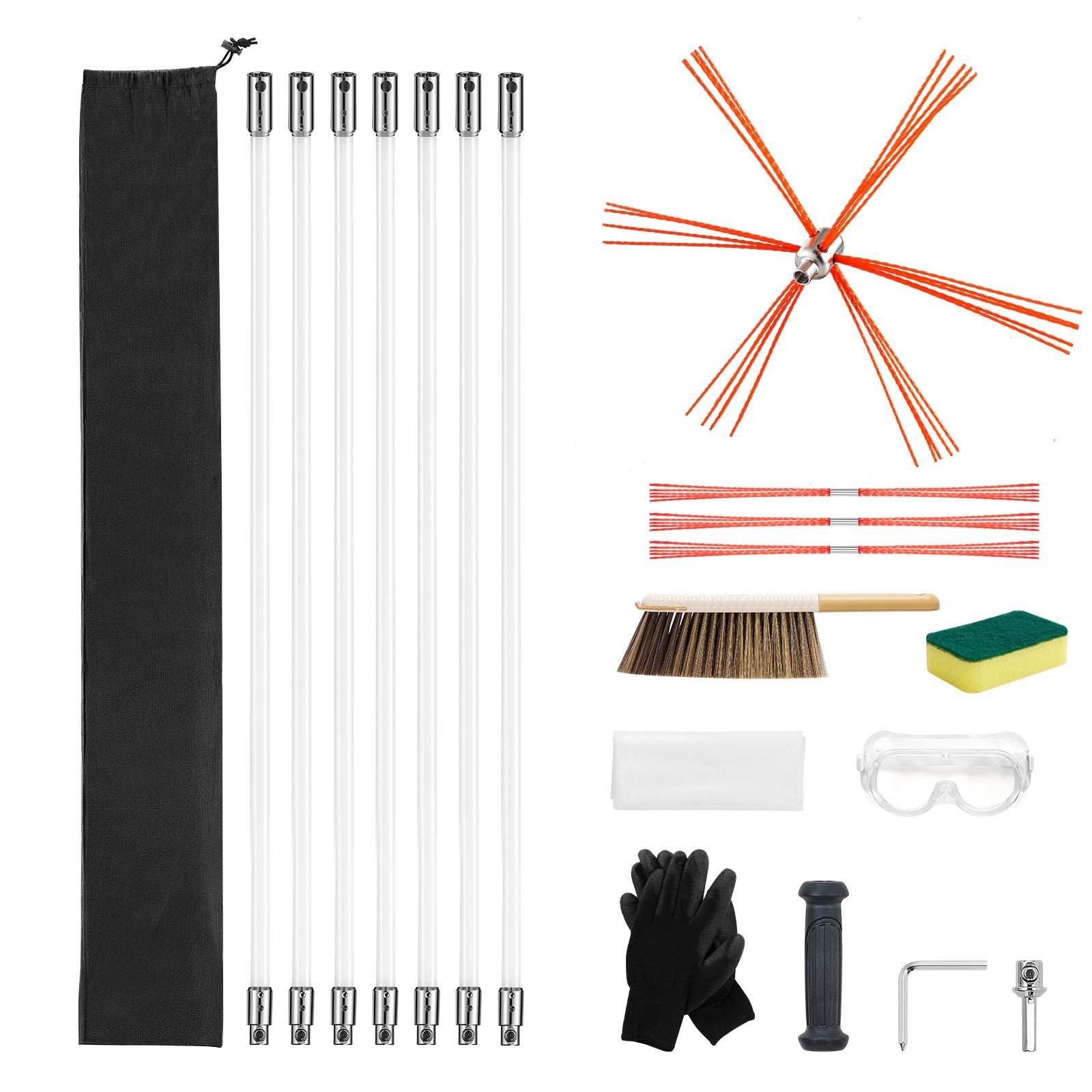 chimney sweep kit, 23 ft maximum extendable length chimney brush, chimneys cleaning kit with bristle replacements & goggles, 90° bendable fireplace cleaning tool, for square, rectangle chimneys