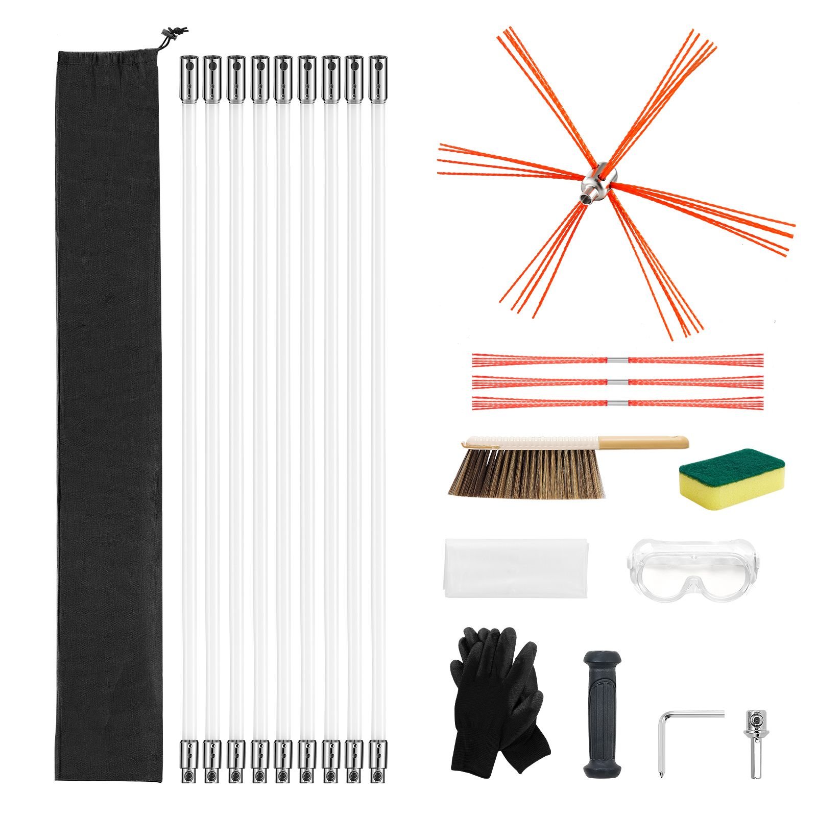 chimney sweep kit, 30 ft maximum extendable length chimney sweep, chimneys cleaning kit with bristle replacements & goggles, 90° bendable fireplace cleaning tool, for square, rectangle chimneys