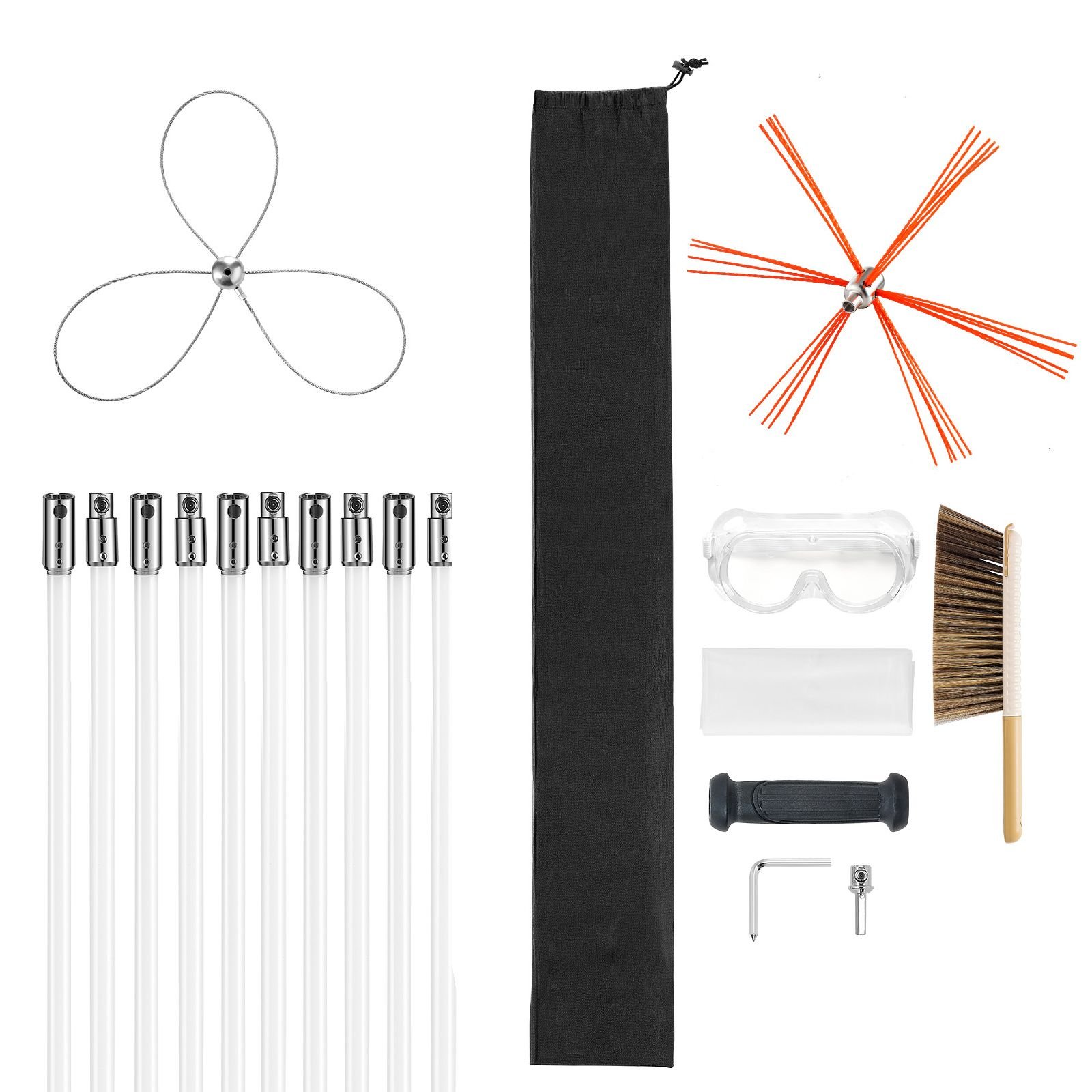 chimney sweep kit, 33 ft maximum extendable length chimney brush, chimney cleaner sweeper with dual brush heads, brush & goggles, fireplace cleaning tool for square, rectangle, arch chimneys