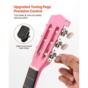 classical guitar, 30 inch, wood classical guitar starter kit for beginners, with nylon strings, gig bag, strap, tuner, extra strings, picks, capo, basswood, for kids girls boys students, pink