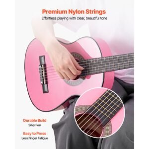 classical guitar, 30 inch, wood classical guitar starter kit for beginners, with nylon strings, gig bag, strap, tuner, extra strings, picks, capo, basswood, for kids girls boys students, pink