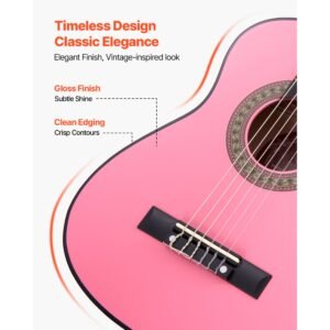 classical guitar, 30 inch, wood classical guitar starter kit for beginners, with nylon strings, gig bag, strap, tuner, extra strings, picks, capo, basswood, for kids girls boys students, pink
