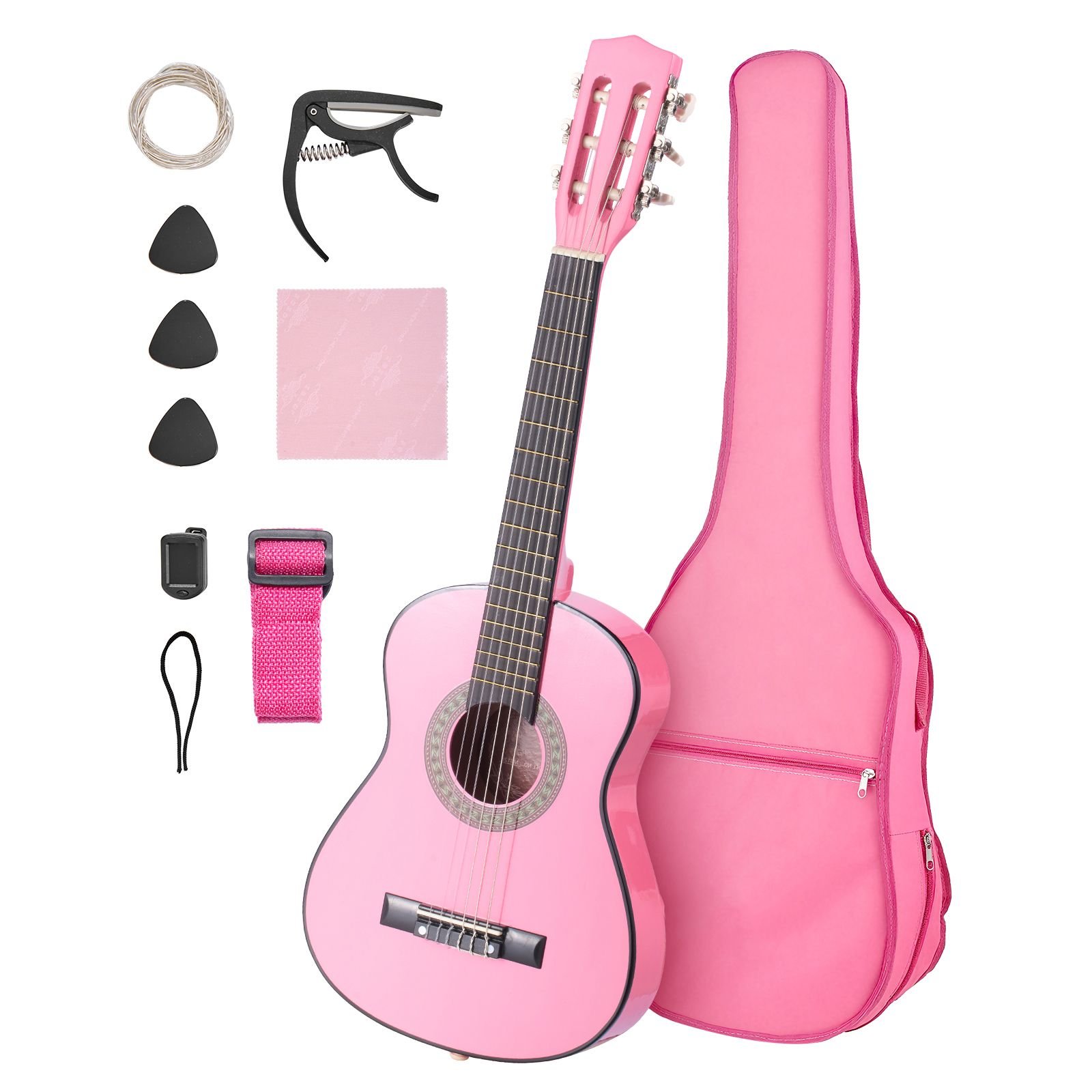 classical guitar, 30 inch, wood classical guitar starter kit for beginners, with nylon strings, gig bag, strap, tuner, extra strings, picks, capo, basswood, for kids girls boys students, pink