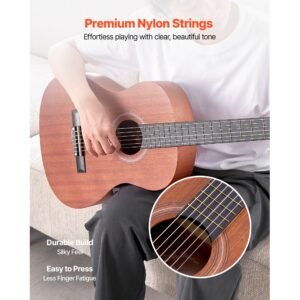 classical guitar, 36 inch, wood classical guitar starter kit for beginners, with nylon strings, gig bag, strap, tuner, extra strings, picks, capo, sapele & rosewood, for kids girls boys, natural