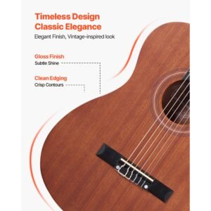 classical guitar, 36 inch, wood classical guitar starter kit for beginners, with nylon strings, gig bag, strap, tuner, extra strings, picks, capo, sapele & rosewood, for kids girls boys, natural
