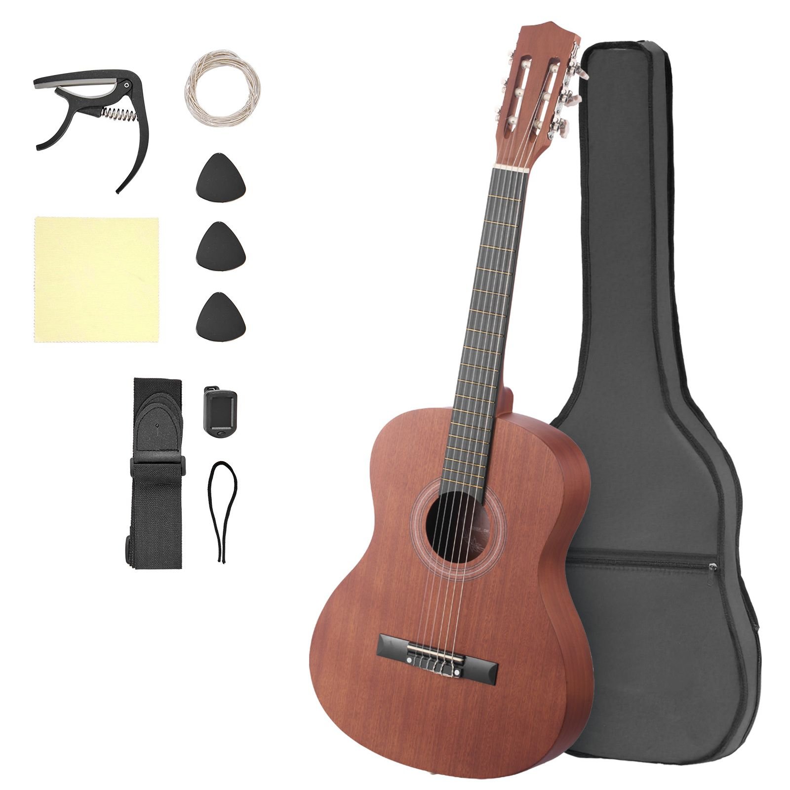 classical guitar, 36 inch, wood classical guitar starter kit for beginners, with nylon strings, gig bag, strap, tuner, extra strings, picks, capo, sapele & rosewood, for kids girls boys, natural