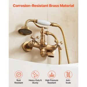 clawfoot tub faucet, wall mount bathtub faucets with handheld shower, vintage brushed gold clawfoot tub filler faucet shower kit with adjustable swing arms & 360° rotation spout for bathtubs
