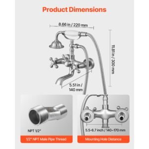 clawfoot tub faucet, wall mount bathtub faucets with handheld shower, vintage brushed nickel clawfoot tub filler faucet shower kit with adjustable swing arms & 360° rotation spout for bathtubs