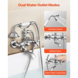 clawfoot tub faucet, wall mount bathtub faucets with handheld shower, vintage brushed nickel clawfoot tub filler faucet shower kit with adjustable swing arms & 360° rotation spout for bathtubs