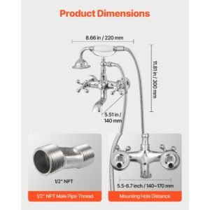clawfoot tub faucet, wall mount bathtub faucets with handheld shower, vintage polished chrome clawfoot tub filler faucet shower kit with adjustable swing arms & 360° rotation spout for bathtubs