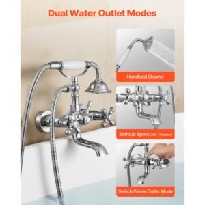 clawfoot tub faucet, wall mount bathtub faucets with handheld shower, vintage polished chrome clawfoot tub filler faucet shower kit with adjustable swing arms & 360° rotation spout for bathtubs