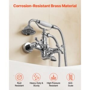 clawfoot tub faucet, wall mount bathtub faucets with handheld shower, vintage polished chrome clawfoot tub filler faucet shower kit with adjustable swing arms & 360° rotation spout for bathtubs